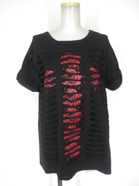 HELL CAT PUNKS ダメージ加工ローズクロスTシャツ