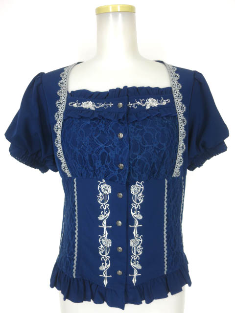 OZZ ANGELO クロス＆ローズ刺繍パフスリーブブラウス