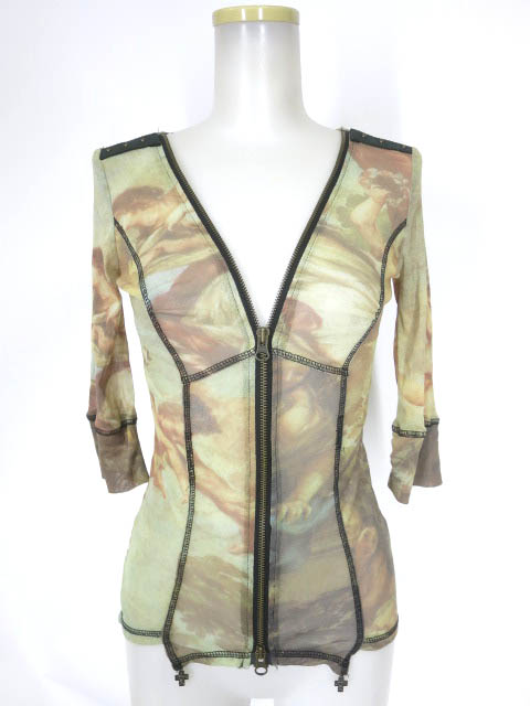 Ozz On hikozoh 絵画柄メッシュチュールジップカーディガン