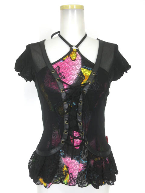 Ozz On hikozoh バタフライプリント豹柄レース半袖カットソー