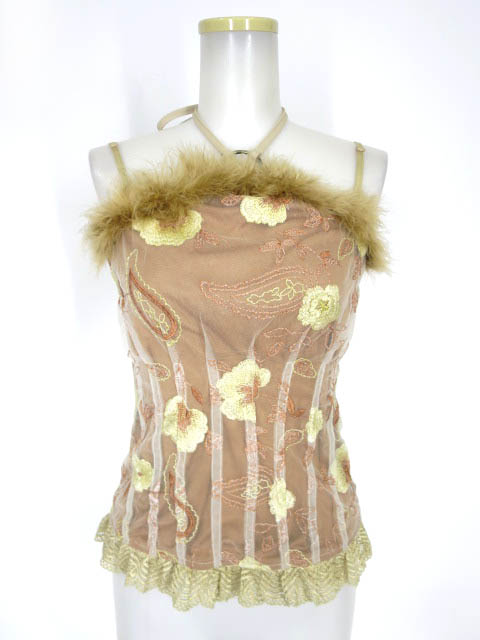 Ozz On 和柄刺繍メッシュ重ねフェザー付きキャミソール