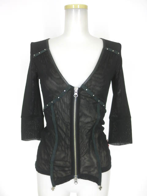 Ozz On hikozoh 七分袖ジップアップメッシュチュールカーディガン