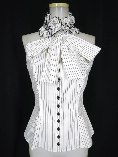 Na+H ストライプ柄ボウタイフリルノースリーブブラウス