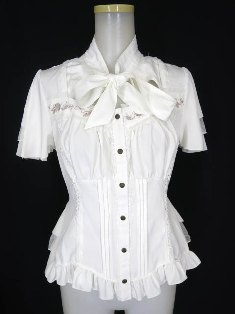 OZZ ONESTE クロス＆ローズ刺繍入りボウタイ襟半袖ブラウス