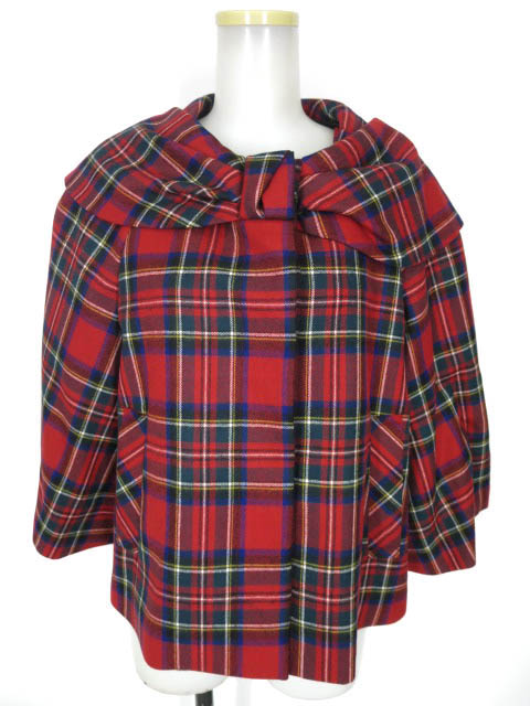 Jane Marple ウールタータン リボンカラーケープジャケット