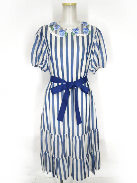 サテンストライプ パンジーエンブロイダリーカラードレス