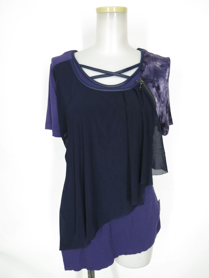 Ozz Croce メッシュ重ねアシンメトリー半袖カットソー