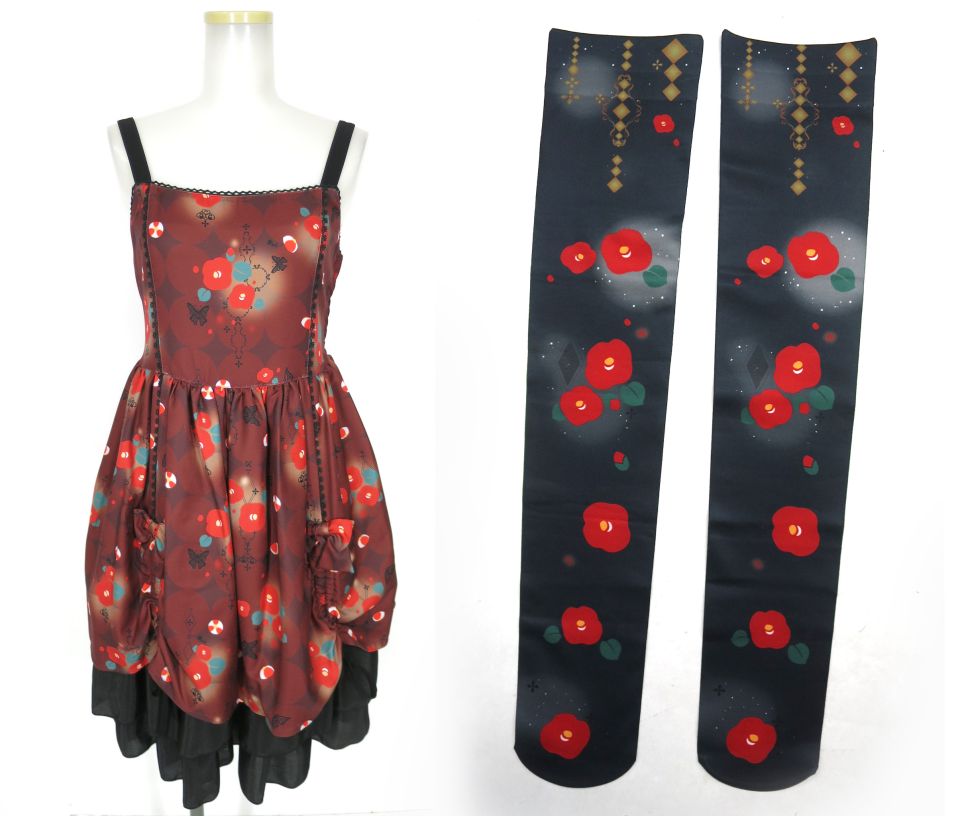 gouk雅 夜幻椿柄ジャンパースカート & オーバーニーソックス セット