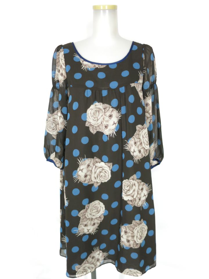 Emily Temple cute × ヒグチユウコ... ローズキャットプリントワンピース