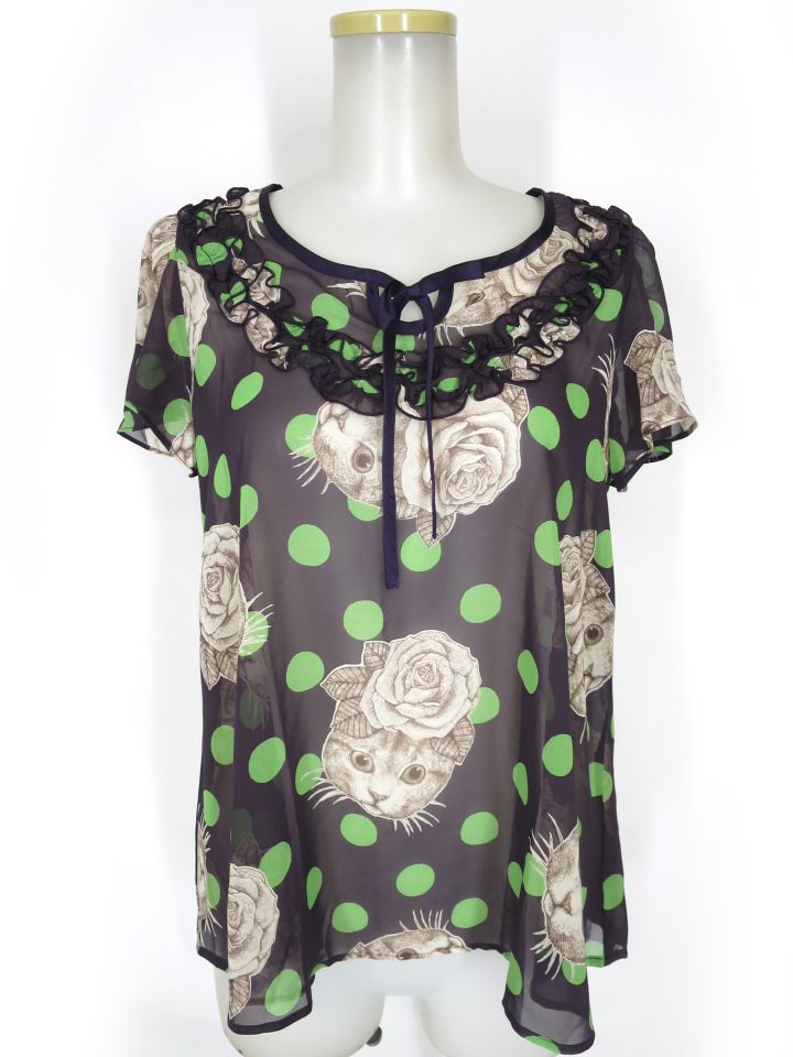 Emily Temple cute × ヒグチユウコ... ローズキャットプリントブラウス