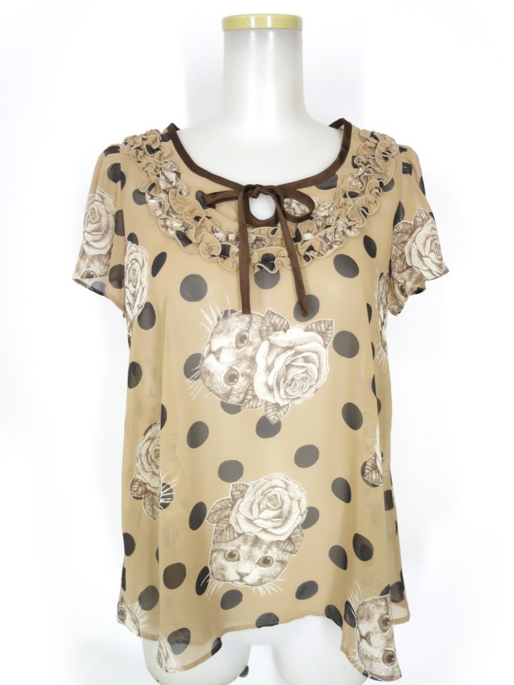 Emily Temple cute × ヒグチユウコ... ローズキャットプリントブラウス