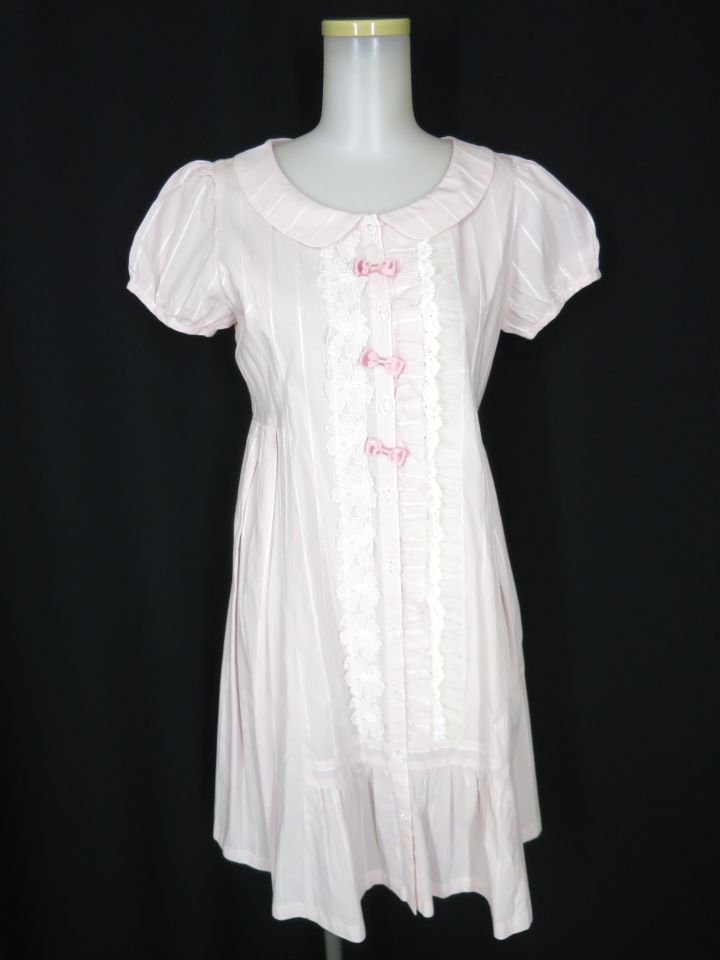 Emily Temple cute レース付きストライプパフスリーブワンピース