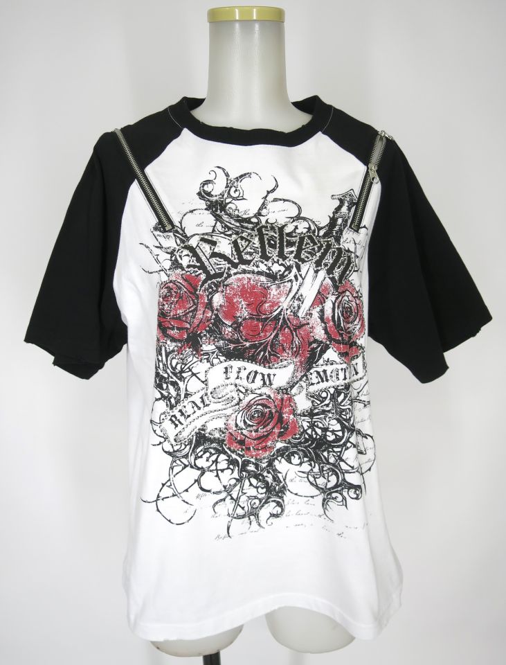 REFLEM 肩ファスナー付き薔薇プリントTシャツ