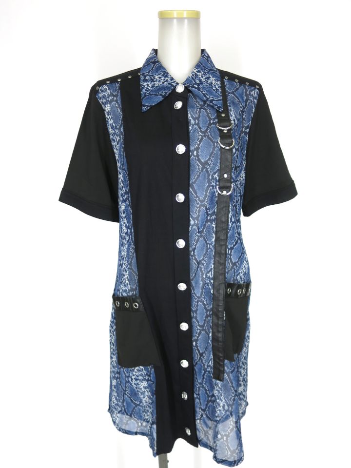 SEX POT パイソン柄シフォン切替半袖シャツワンピース