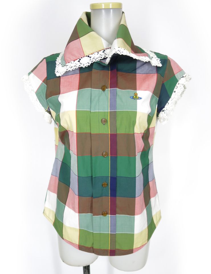 Vivienne Westwood レース付きチェック柄半袖ブラウス