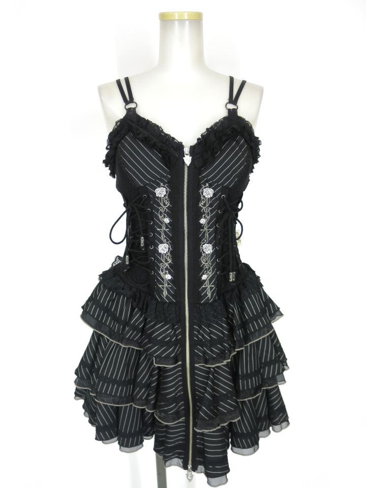 OZZ ANGELO ローズ刺繍入りストライプ柄ビスチェワンピース