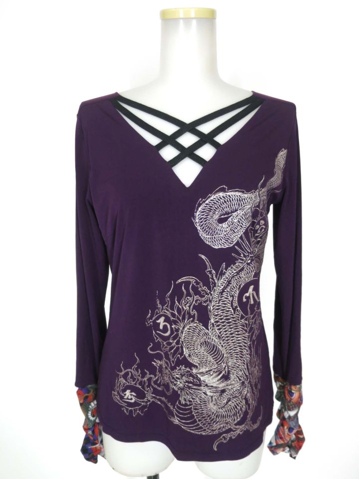 Qutie Frash 龍プリント胸クロス長袖カットソー
